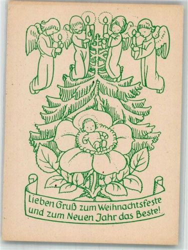 Engel mit Kerzen über dem Christkind in Blumenblüte Neujahr