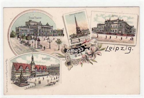Leipzig, Lithographie mit neuem Theater, Mendelbrunnen, Börse und Rathaus. ungelaufen um 1900 Gute Erhaltung.