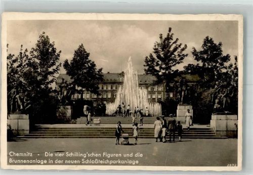 Chemnitz 1941 Die vier Schilling'schen Skulpturen und die Brunnenanlage in der neuen Schlossteichparkanlage