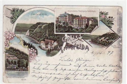 Gebrauchsspuren Mittweida, Lithographie Electrotechn. Technikum gelaufen von 1897. Vorder- und Rückseite fleckig