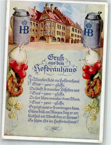 München Gruß aus dem Hofbräuhaus Bier Radi Brezeln Hopfen WK II