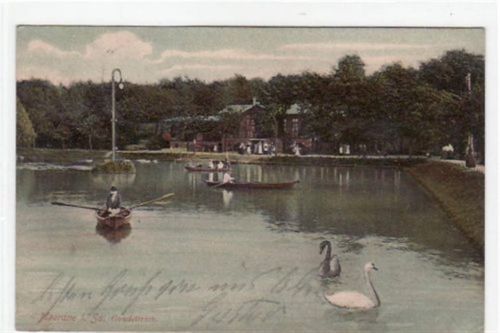 Meerane Meerane mit Gondelteich gelaufen von 1908. Leichter Stempeldurchdruck, leichter Bug oben links und unten rechts, leicht stockfleckig, sonst gut erhalten