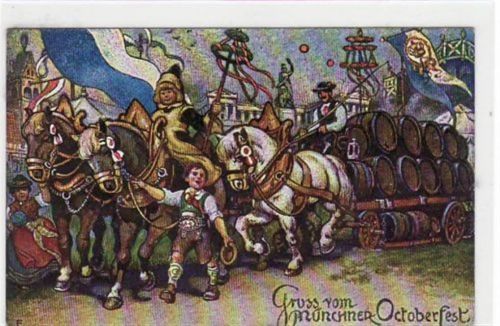 München, Künstlerkarte mit Münchner Kindl und Bierwagen gelaufen von 1932. Gute Erhaltung. Münchner Kindl