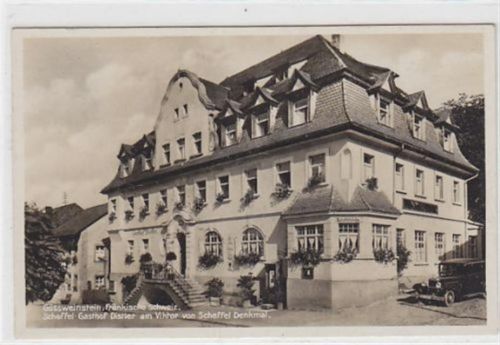 Gößweinstein / Fränkische Schweiz. Scheffel-Gasthof Distler am Viktor von Scheffel Denkmal gelaufen am 22.06.1934. Sehr gute Erhaltung.