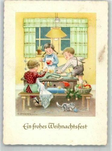 sign. Lambertz Kinder bei der Vorbereitung zum Fest Katze