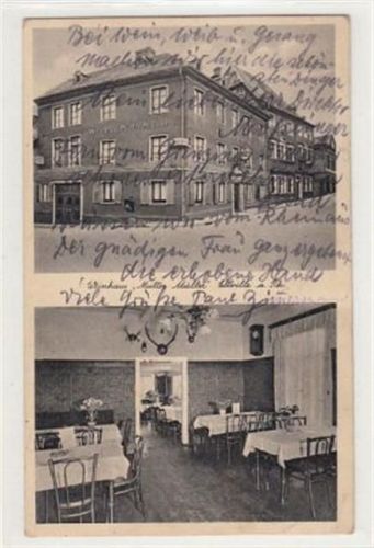 Eltville Eltville am Rhein. Innen- und Außenansicht vom Weinhaus Mutter Müller gelaufen, 1936, Marke beschädigt. Leichter Schrift- und Stempeldurchdruck, kleiner Knick unten rechts, sonst gut erhalten