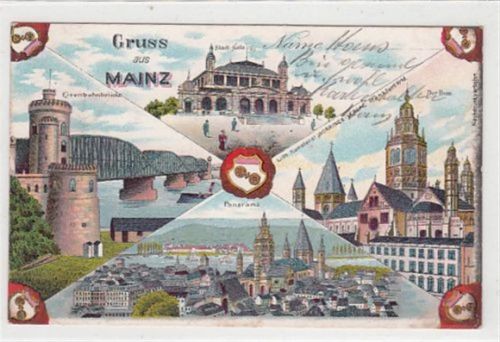 Mainz Mainz, Lithographie. Eisenbahnbrücke Stadthalle gelaufen, 1903. Rückseite leicht fleckig, sonst gut erhalten