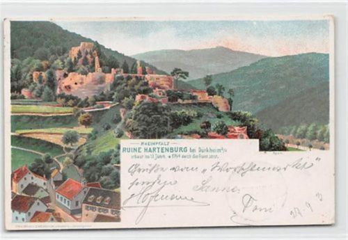 Bad Dürkheim, Lithographie. Ruine Hartenburg gelaufen. um 1900 Leichter Schrift- und Stempeldurchdruck, leicht fleckig, kleiner Knick unten rechts, sonst gut erhalten