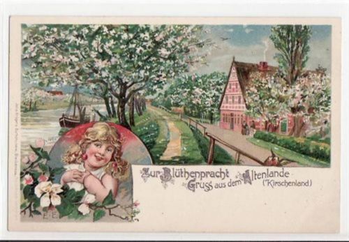 Gruß aus dem Altenlande, Künstlerkarte " Zur Blütenbracht ". ungelaufen um 1900 Ecken mit Albumabdrücken, sonst gut erhalten