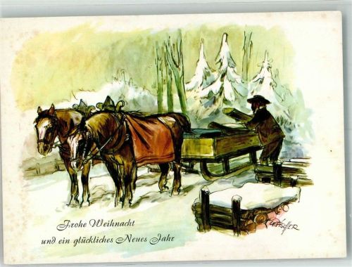 Pferdeschlitten Neujahr sign. Cefischer Winterarbeit