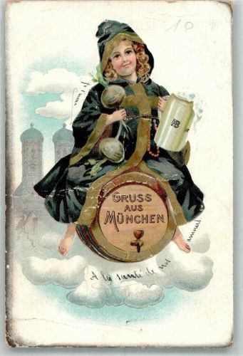 München 1904 Prägedruck Das Kindl mit Radi und einem HB-Bierkrug sitzt auf einem Bierfass Künstlerkarte