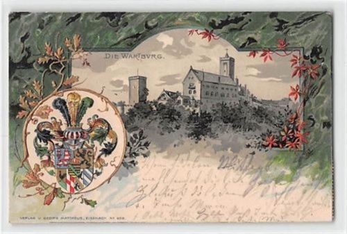 Lithographie Wartburg mit Prägewappen gelaufen. Gute Erhaltung.