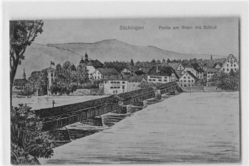 Säckingen am Rhein, Künstlerkarte. Partie am Rhein Schloss ungelaufen Ecken mit Albumabdrücken, sonst gut erhalten