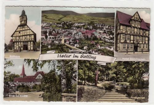 Uslar im Solling mit Hotel Menzhausen und Blick zur Kirche gelaufen, mit Marke und Stempel, Datum nicht lesbar. Leichter Knick oben links bis zur Mitte, leichter Schrift- und Stempeldurchdruck, sonst gut erhalten
