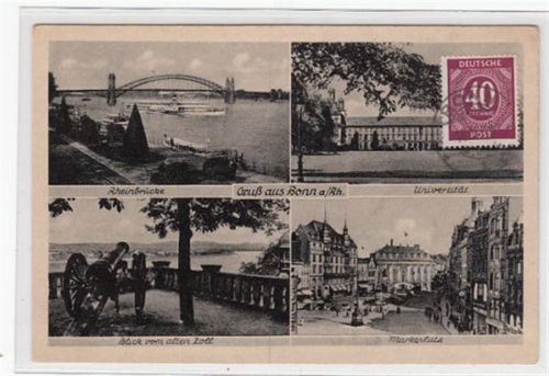 Bonn Bonn mit Rheinbrücke, Universität, Marktplatz u. Blick vom alten Zoll gelaufen, mit Marke und Stempel, Datum nicht lesbar. Leicht fleckig, sonst gut erhalten