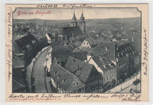 Bayreuth. ein Blick auf die Kirche gelaufen, 1900 kleiner Knick unten in der Mitte, leicht fleckig, sonst gut erhalten
