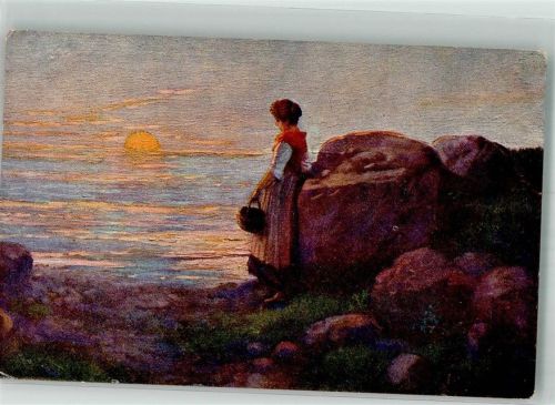sign. Königer Frau in Tracht beobachtet am Meer den Sonnenuntergang Moderne Galerie Nr. 1287