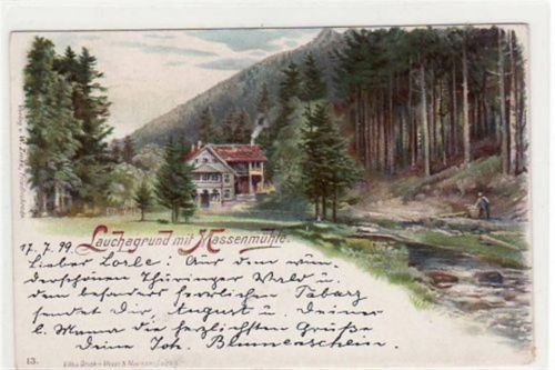 Lithographie Lauchagrund mit Massenmühle gelaufen 1899. Gute Erhaltung.