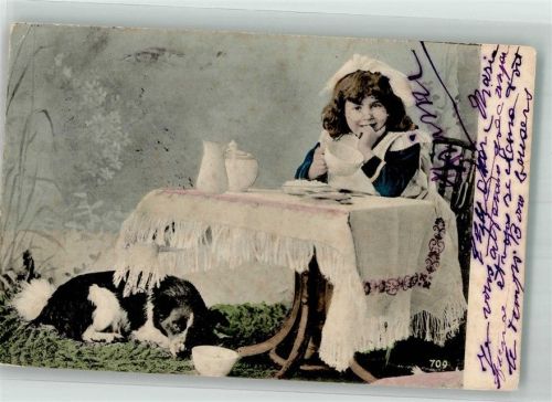 Kind Border Collie gedeckter Tisch 1904