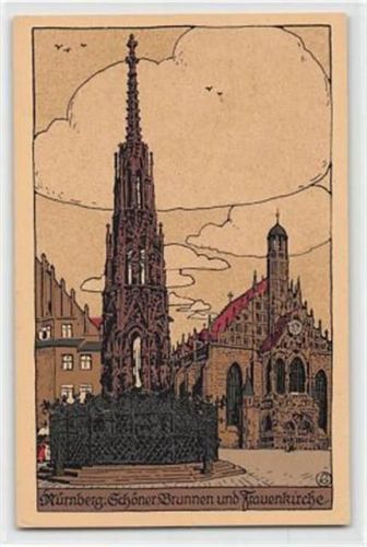Nürnberg Steindruck Nürnberg. Schöner Brunnen und Frauenkirche ungelaufen Gute Erhaltung.
