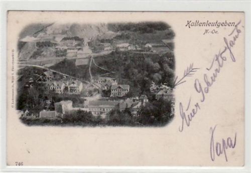 AK von Kaltenleutgeben. Teilansicht von oben gelaufen am 15.11.1903. Leichte Abdrücke vom Album an den Ecke n, leicht fleckig, leicht abgerundete Ecke n, sonst gut erhalten.