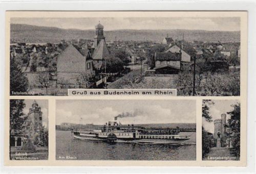 Budenheim am Rhein mit Schloß Waldhausen und Lennebergturm gelaufen, mit Marke und Stempel, Datum nicht lesbar. Die Karte war in einem Album eingeklebt, daher Anhaftungen und Abrißspuren Rückseite, sonst gut erhalten
