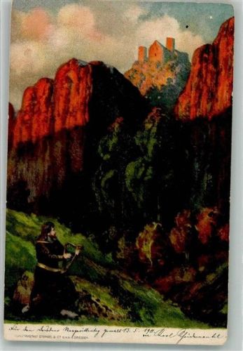 1911 Minnesänger am Fusse einer Burg in der beginnenden Dämmerung Verlag Stengel & Co.