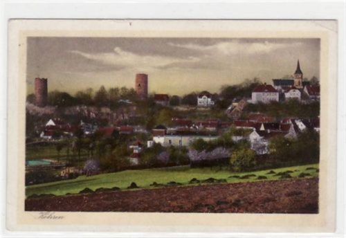Kohren-Sahlis Kohren mit Gesamtansicht und Kirche gelaufen von 1932. An den Ecke n kleine Knicke, sonst gut erhalten.