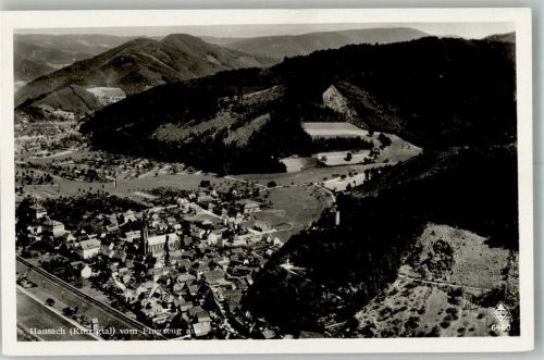 Hausach 1937 Fliegeraufnahme des Ortes mit Pfarrkirche St. Mauritius und Burg Husen