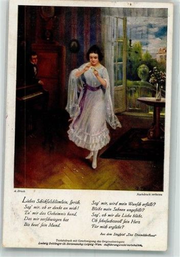 1917 sign. Broch Junge Frau zupft Blütenblätter Poesie / Liebe aus der Operette Das Dreimäderlhaus Bunte Reihe Nr. 76