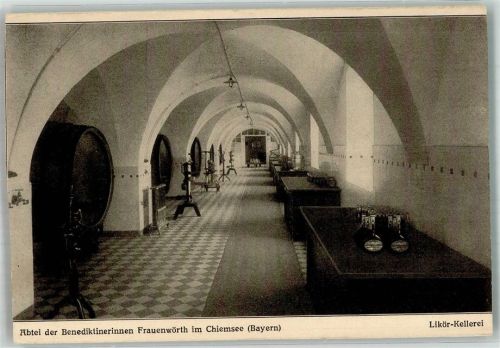 W8211 Chiemsee Abtei d. Benediktinerinnen Frauenwörth Chiemseer Kloster Likör beschnitten Alkoholwerbung Gebrauchsspuren