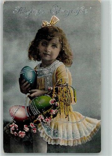 1918 Mädchen im gelben Spitzenkleid mit Ostereiern und Birkenkätzchen Feldpost WK I Stettin