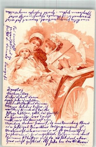 1899 Zwei junge Frauen mit Kind im Fond einer Kutsche Monotint Adelskorrespondenz