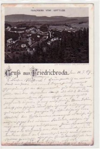 Lithographie. Gruß aus Friedrichroda. Panorama vom Gottlob aus gesehen gelaufen 1897 Eckbug oben links leicht stockfleckig. Oxydationsspuren unterer Rand, sonst gut erhalten.