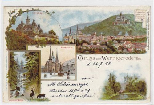 Lithographie Gruss aus Wernigerode. Rathhaus Schloss Steinerne Renne Totalansicht Christianenthal gelaufen 1898 kleiner Knick an der Ecke oben und unten rechts kleiner Riß am rechten Rand. Leichter Bug oben links.