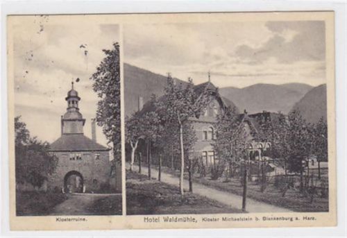 Kloster Michaelstein b. Blankenburg a. Harz mit Hotel Waldmühle und Klosterruine gelaufen 1914. Ecken mit Albumabdrücken. Leichte Stempelspuren, sonst gut erhalten.