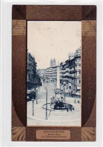 Rahmenkarte von Magdeburg Breite Weg und Hasselbachbrunnen. Postalisch gelaufen mit Stempel vom 09.10.1908. Gute Erhaltung.