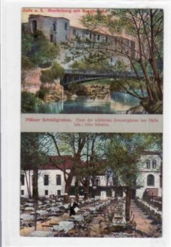 Halle Moritzburg und Pfälzer Schießgraben gelaufen von 1911 kleiner Knick unten rechts, sonst gut erhalten.