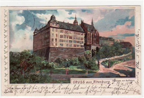 Altenburg Altenburg, Künstlerkarte mit Schloss und Auffahrt gelaufen von 1899 kleiner Knick oben rechts und unten links, leichter Stempeldurchdruck, sonst gut erhalten.