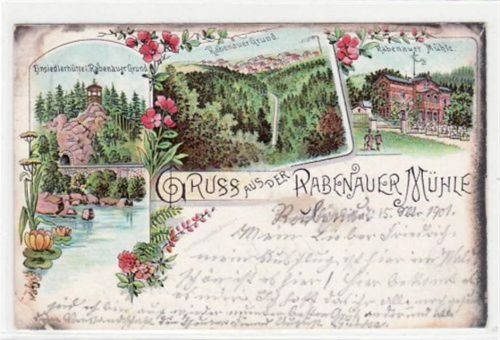 Rabenau, Lithographie mit Einsiedlerhütte, Partie im Rabenauer Grund und Rabenauer Mühle gelaufen von 1901. Oxydationsspuren an den Rändern, kleiner Knick unten links, kleine Abschürfung Vorderseite Kartenmitte, sonst gut erhalten.