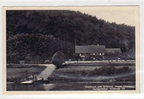 Hajen ( Weser ). Gasthaus zum Ruhberg gelaufen, 1951. Leichte Abschürfungen Vorderseite, leichter Schrift- und Stempeldurchdruck, sonst gut erhalten