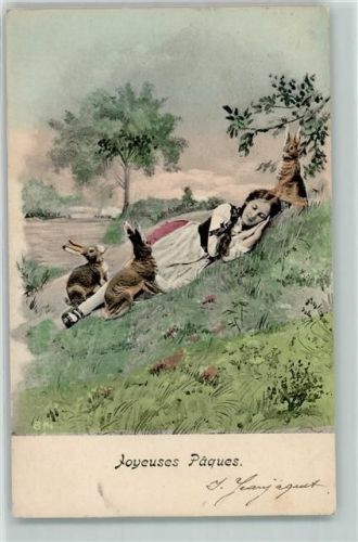 1908 Mädchen schläft im Gras und Hasen schauen zu.