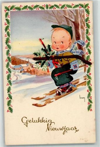 1952 Neujahr Gelukkig Nieuwjaar Stechpalme Kind sign. Henry Künstlerkarte