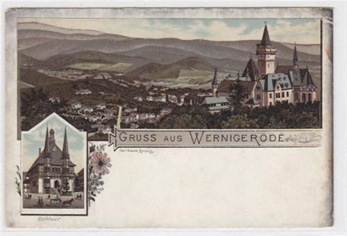 Lithographie Gruss aus Wernigerode mit Panorama und Rathhaus ungelaufen Leichte Abschürfung Rückseite kleiner Knick an der rechten oberen Ecke Oxydationsspuren.