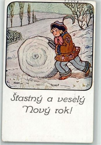 1927 sign. F. Molik Kind beim Schneemann bauen - Stastny a vesely Novy rok