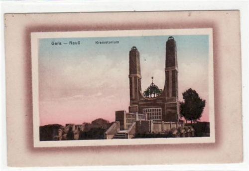 Rahmenkarte von Gera - Reuß mit Krematorium gelaufen von 1928. Gute Erhaltung.