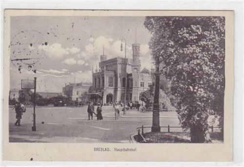 Breslau Breslau / Wroclaw. Hauptbahnhof gelaufen 1916. Leichter Stempeldurchdruck. Leichte Stempelspuren. Leicht fleckig, sonst gut erhalten