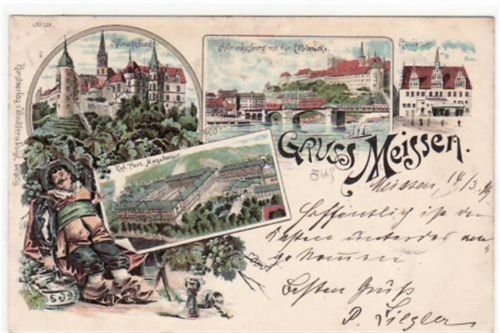 Meißen Meissen, Lithographie mit Manufaktur, Rathaus u. Albrechtsburg gelaufen von 1899. Gute Erhaltung.