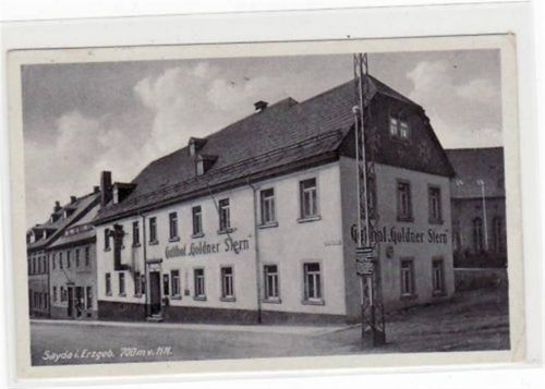 Sayda Sayda mit Gasthof " Goldner Stern " gelaufen von 1950 kleiner Knick oben links und rechts und unten rechts, sonst gut erhalten.