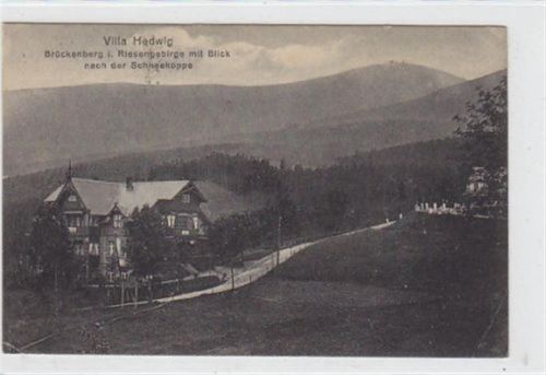 Brückenberg - Bierutowice / Kreis Hirschberg - Jelenia Góra im Riesengebirge. Villa Hedwig mit Blick nach der Schneekoppe gelaufen 1922. Leichte Stempelspuren. Leichte Knicke oder Büge an den Ecke n, sonst gut erhalten
